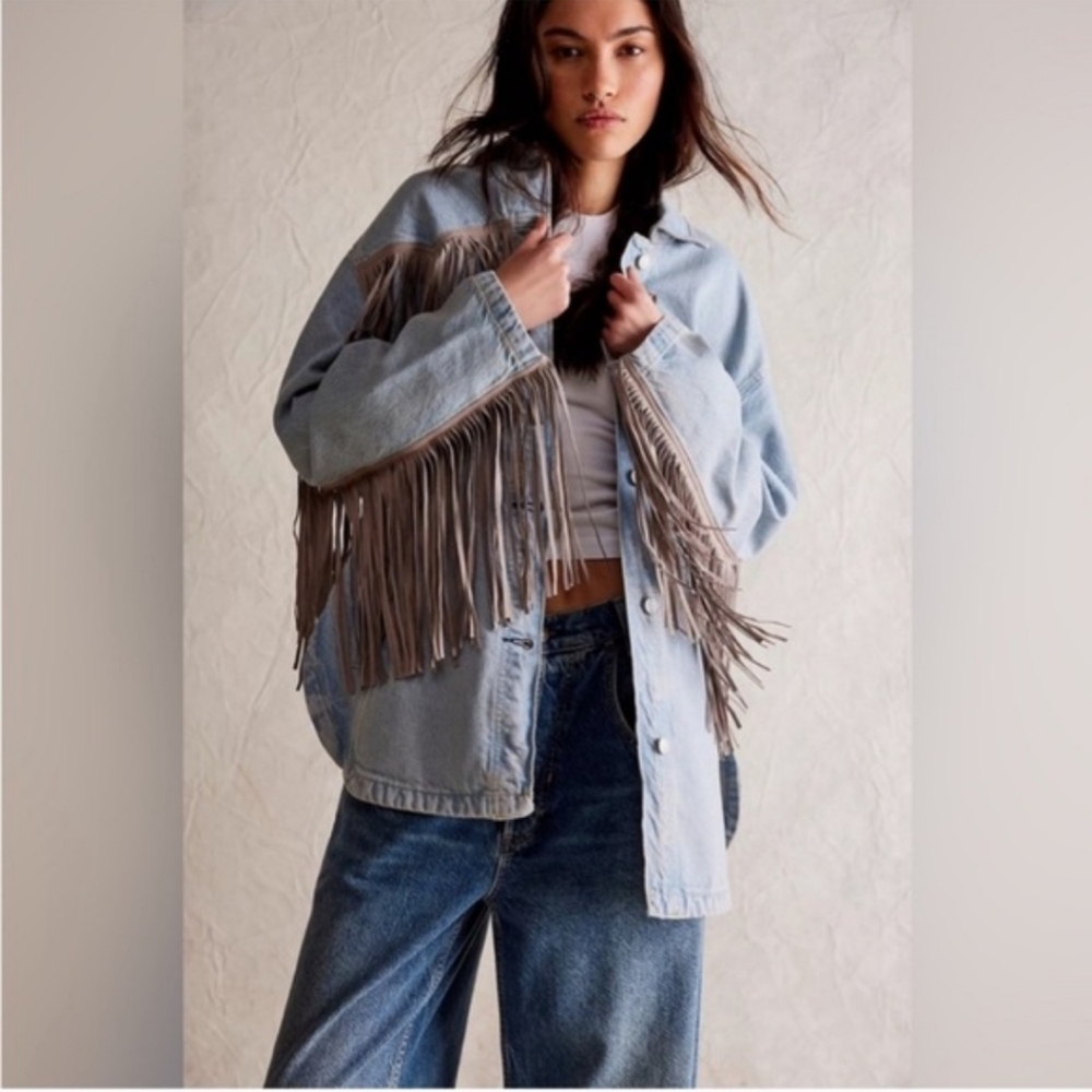 We The Free Light Blue Jean Jacket with Fringe NWOT - Picture 3 of 12